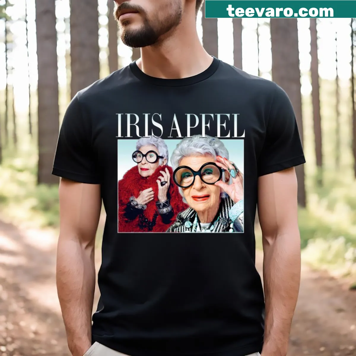 Graphic T-shirt featuring the name Iris Apfel repeated in a playful design — on a men's t-shirt