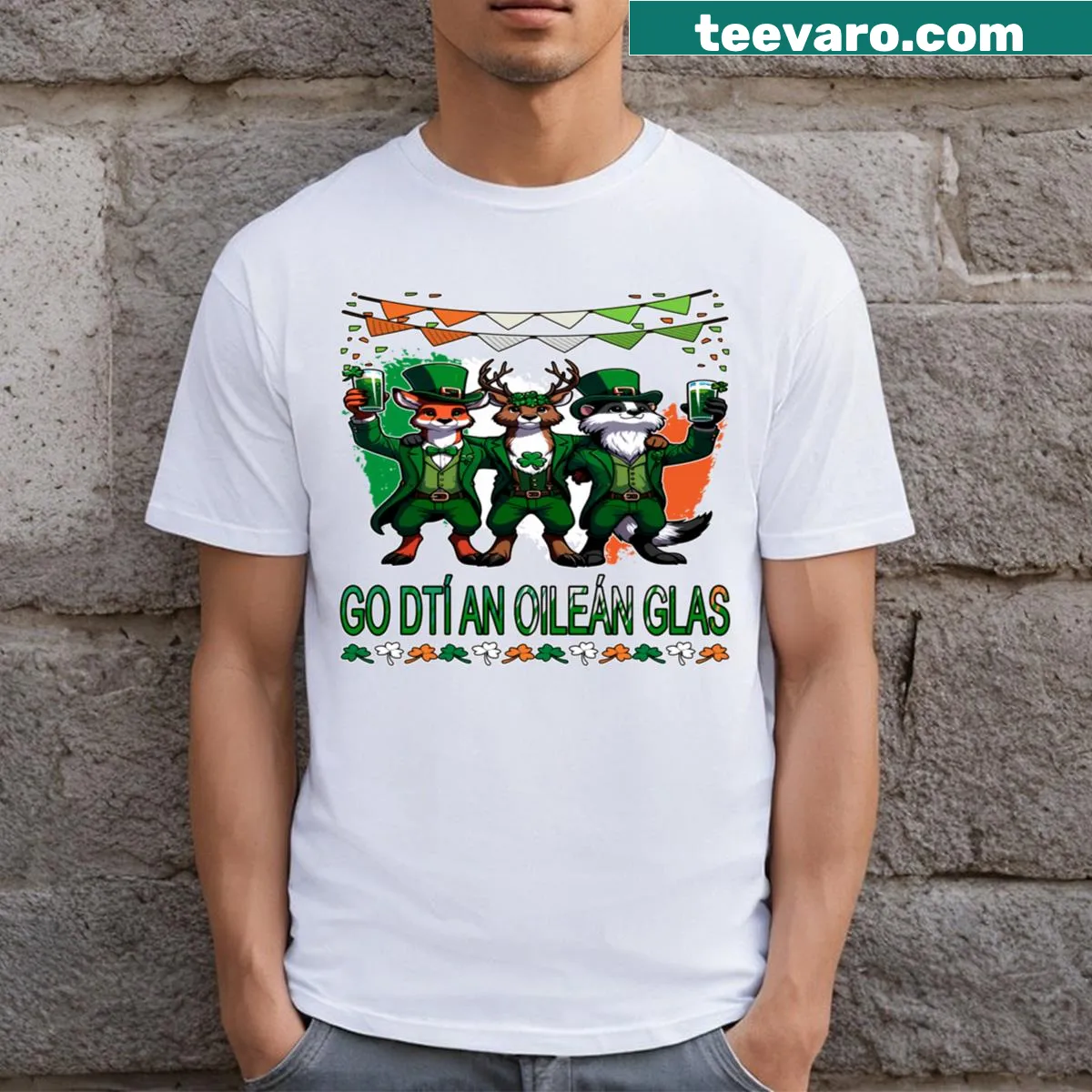 T-shirt with illustration of Irish wildlife celebrating St. Patrick's Day — on a men's t-shirt