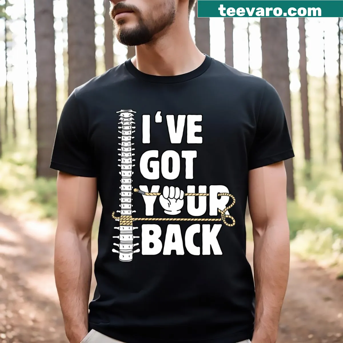 Funny back pain t-shirt for physiotherapists with humorous graphic — on a men's t-shirt