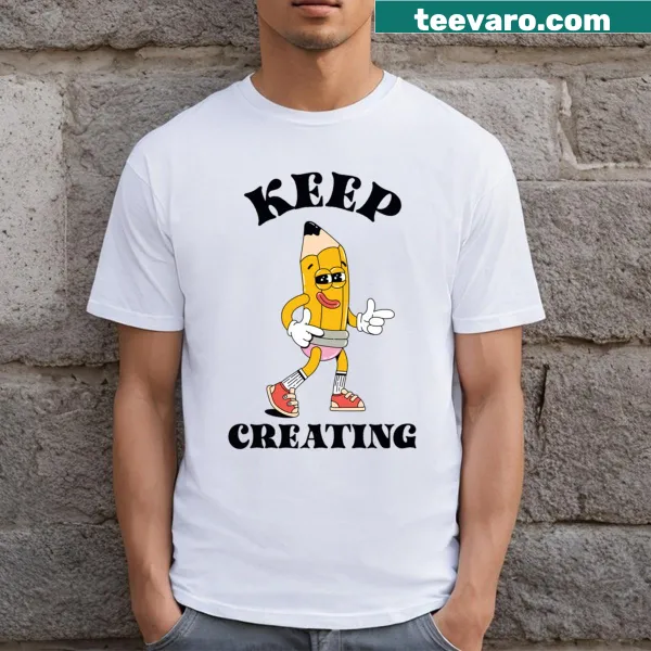 Retro illustration pencil t-shirt with humorous 'Keep Creating' text