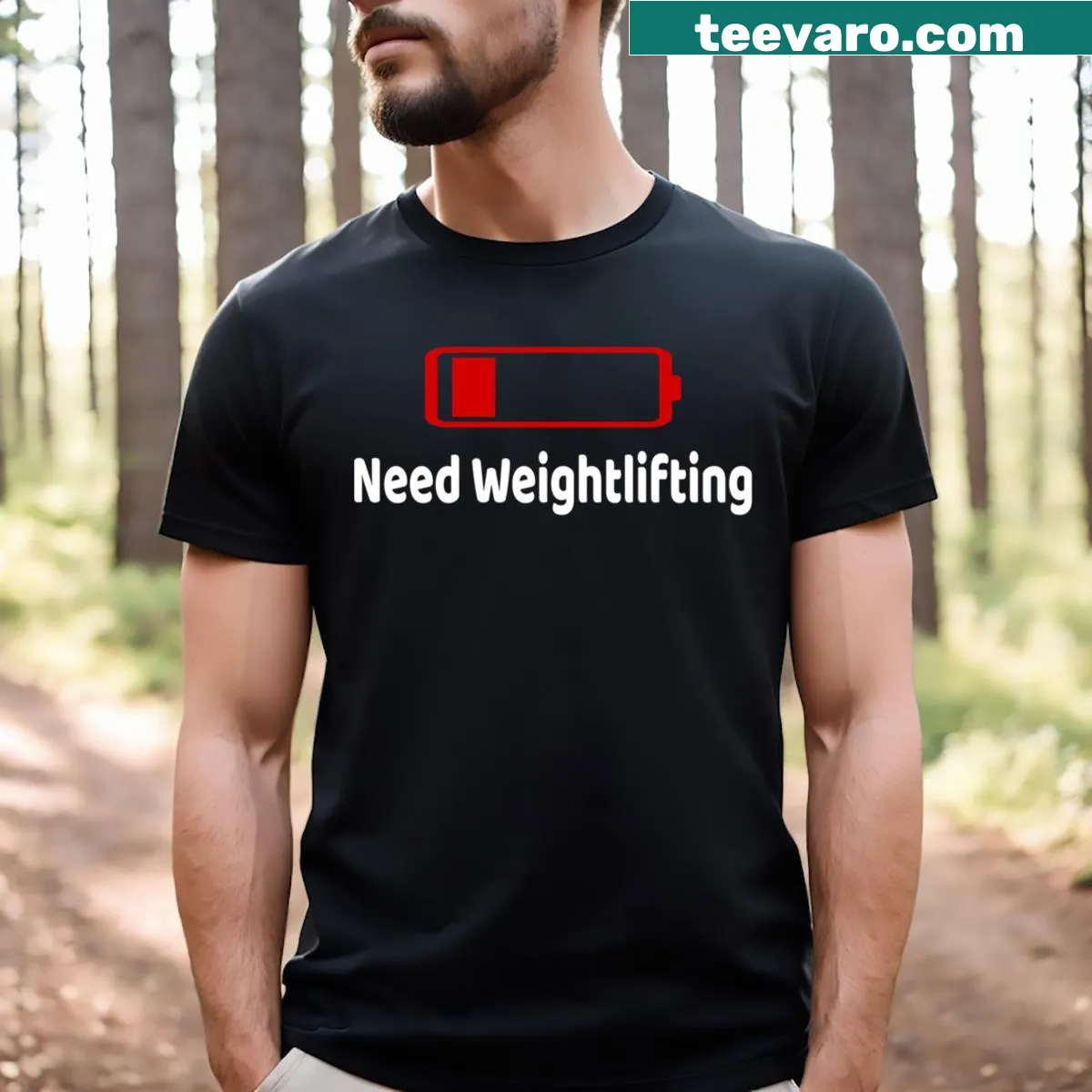 Playful T-shirt design stating 'Low Battery Need Weightlifting Activities.' — on a men's t-shirt