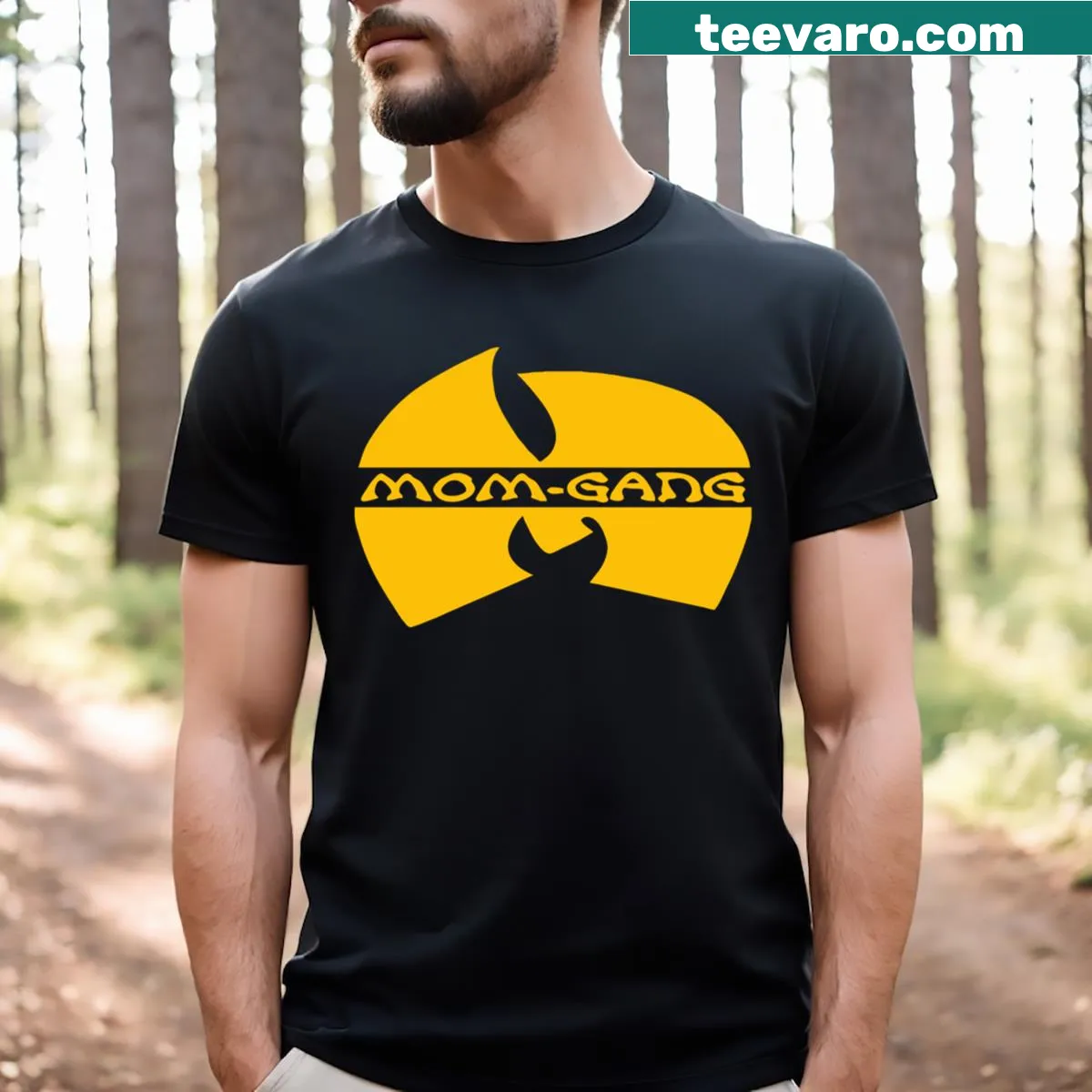 Momgang typography shirt celebrating motherhood — on a men's t-shirt