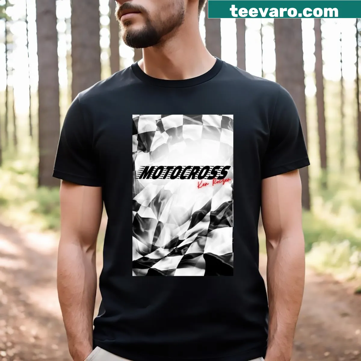 Bold motocross racing flag graphic on a t-shirt, ideal for motorsport fans. — on a men's t-shirt