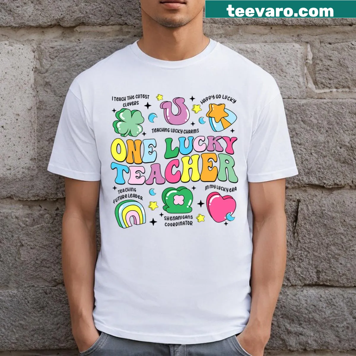 Retro t-shirt for teachers celebrating St. Patrick's Day — on a men's t-shirt