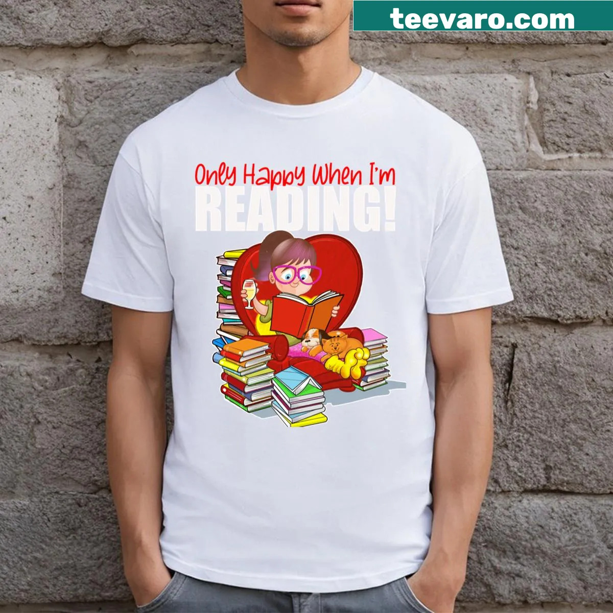 T-shirt featuring the text 'Only Happy When I'm Reading' — on a men's t-shirt