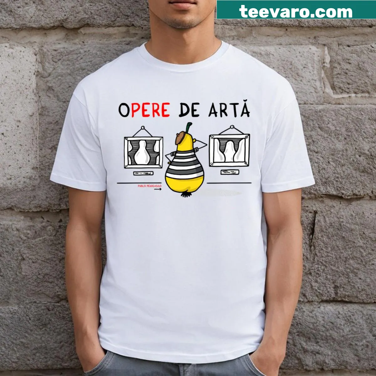 Opere De Arta text T-shirt — on a men's t-shirt