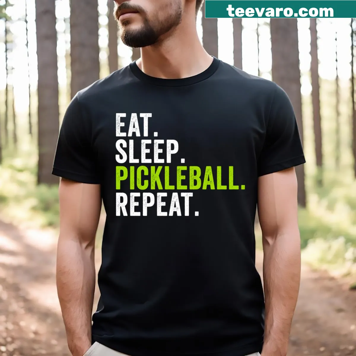 Funny Eat Sleep Pickleball Repeat t-shirt for fans of the sport. — on a men's t-shirt