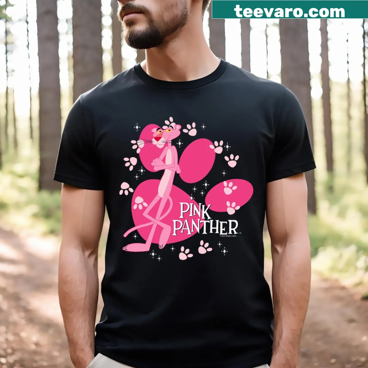 T-shirt featuring an illustration of the playful Pink Panther — on a men's t-shirt