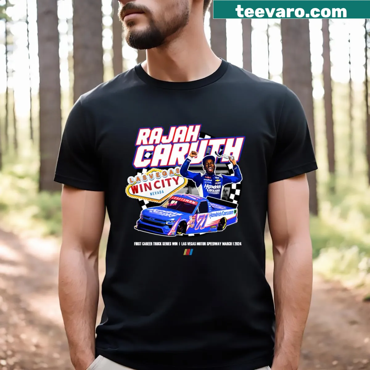 Graphic t-shirt featuring a vintage 1971 Caruth truck — on a men's t-shirt