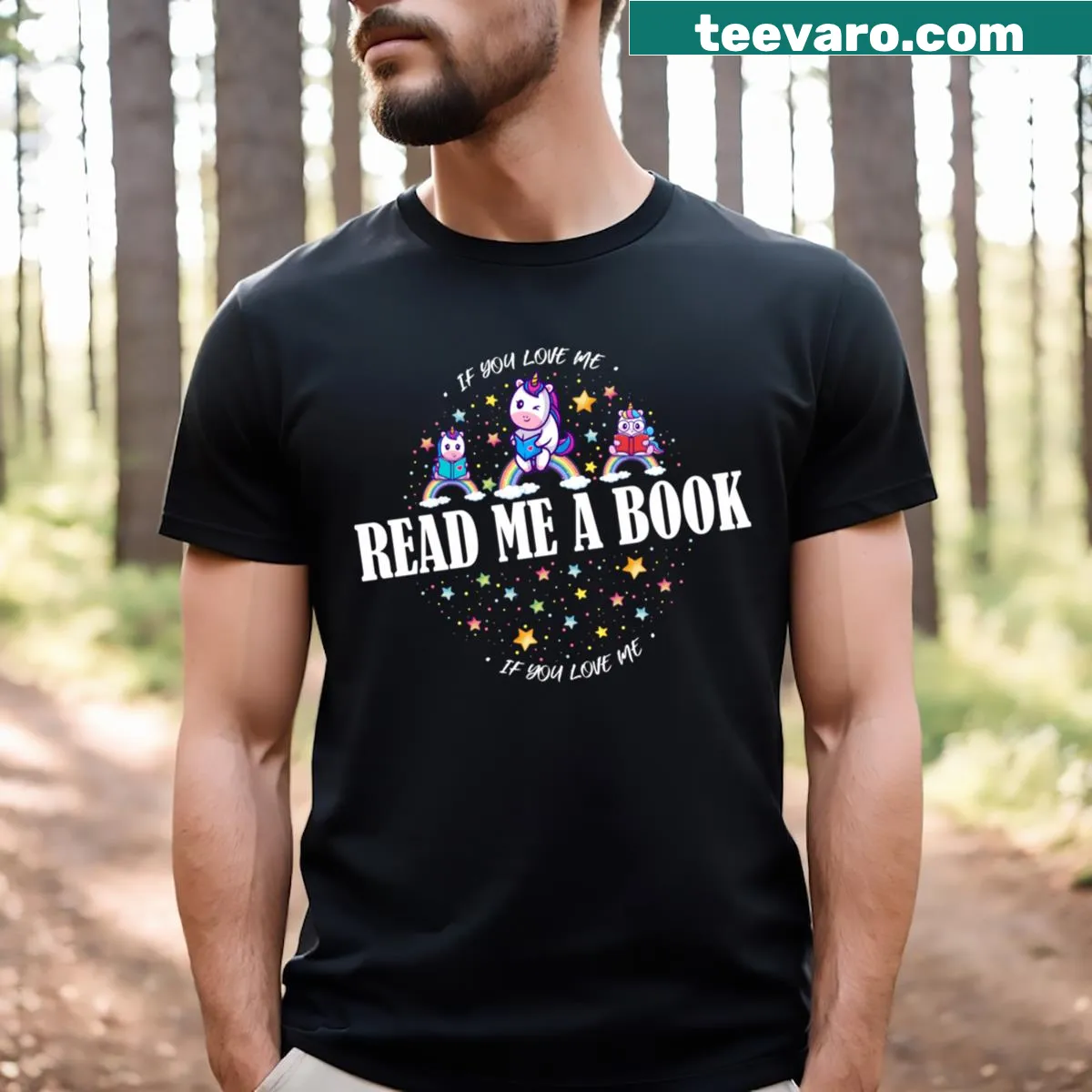 Illustrated t-shirt featuring a unicorn and the phrase 'Reading Books Is Fun' — on a men's t-shirt