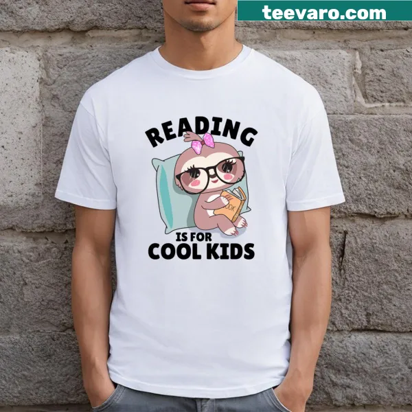Kawaii sloth graphic with text ‘Reading Is For Cool Kids’