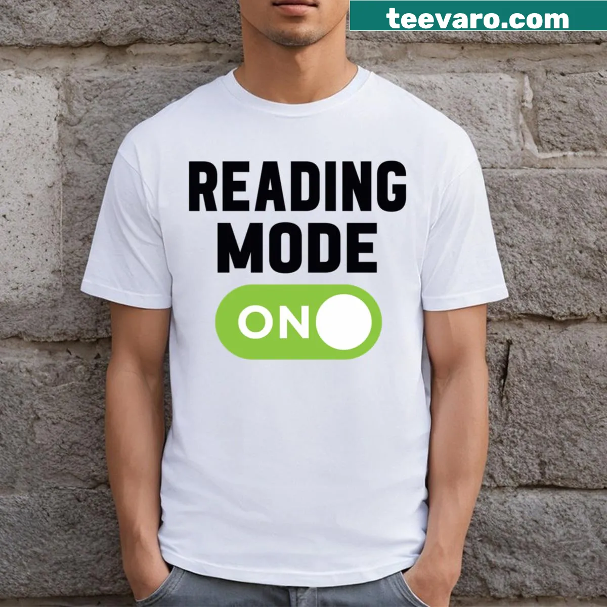 T-shirt with the phrase 'Reading Mode On' for book lovers. — on a men's t-shirt