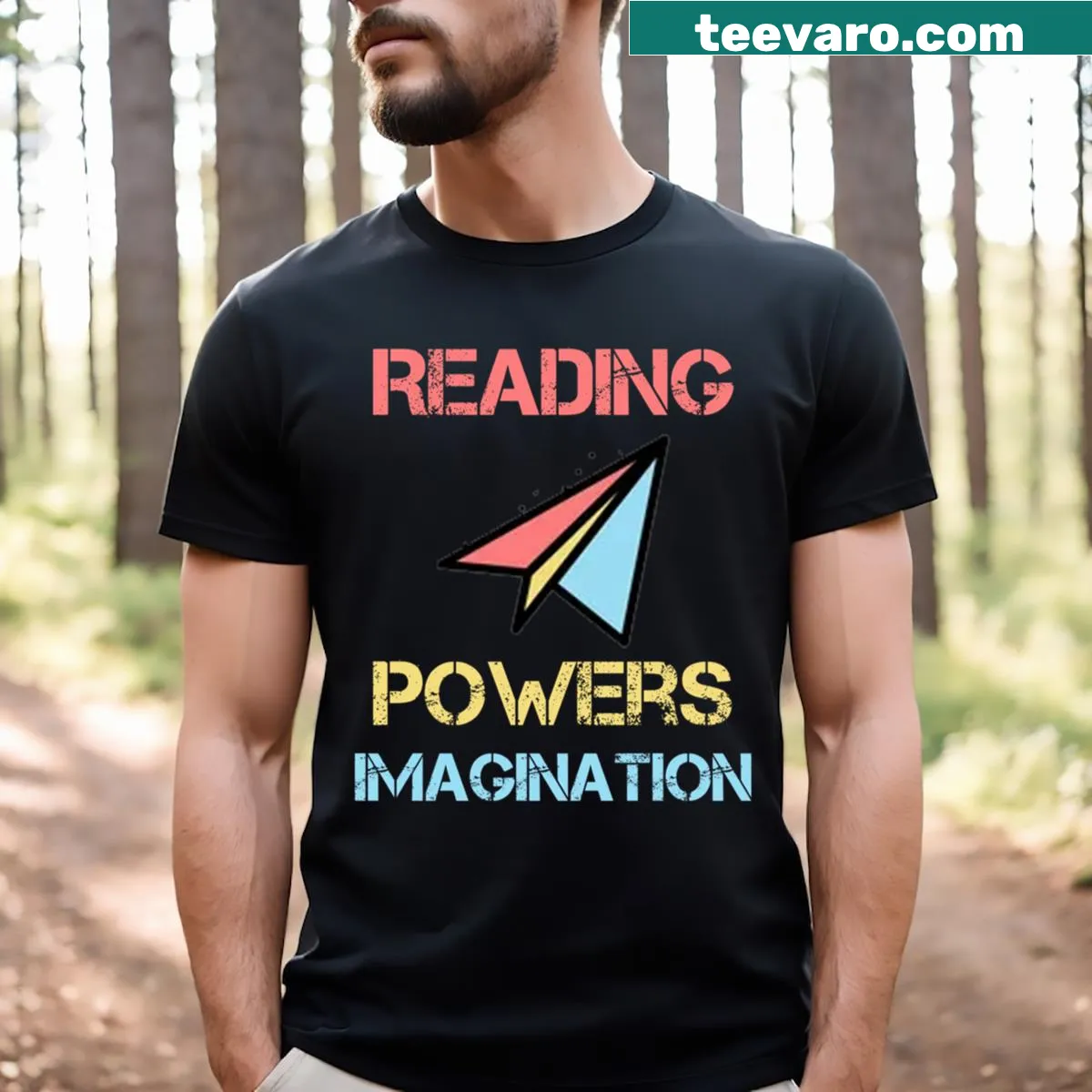 Reading Powers Imagination t-shirt with inspirational text — on a men's t-shirt