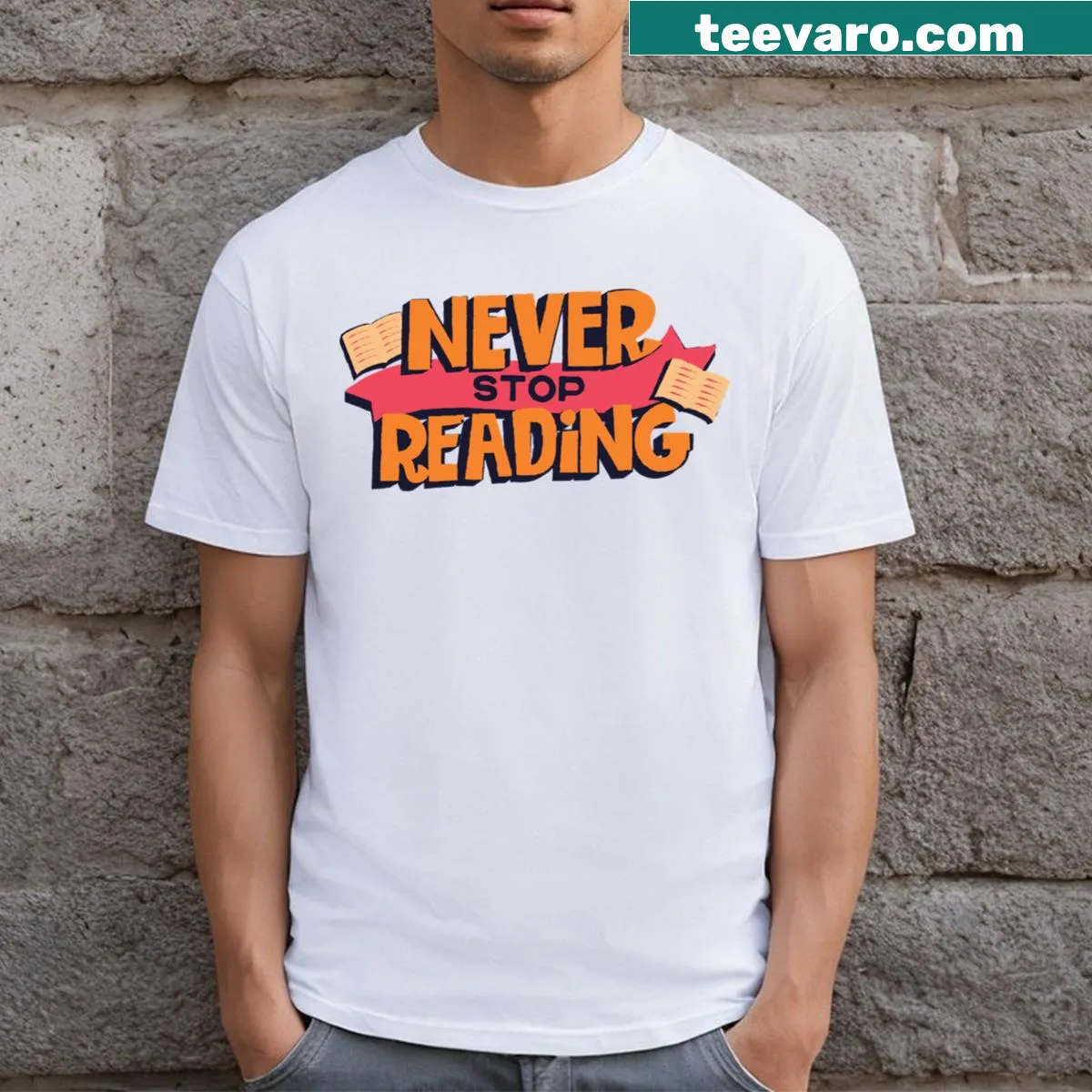 Never Stop Reading t-shirt with playful sticker design — on a men's t-shirt