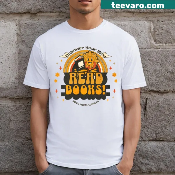 T-shirt celebrating reading and coffee with whimsical graphics