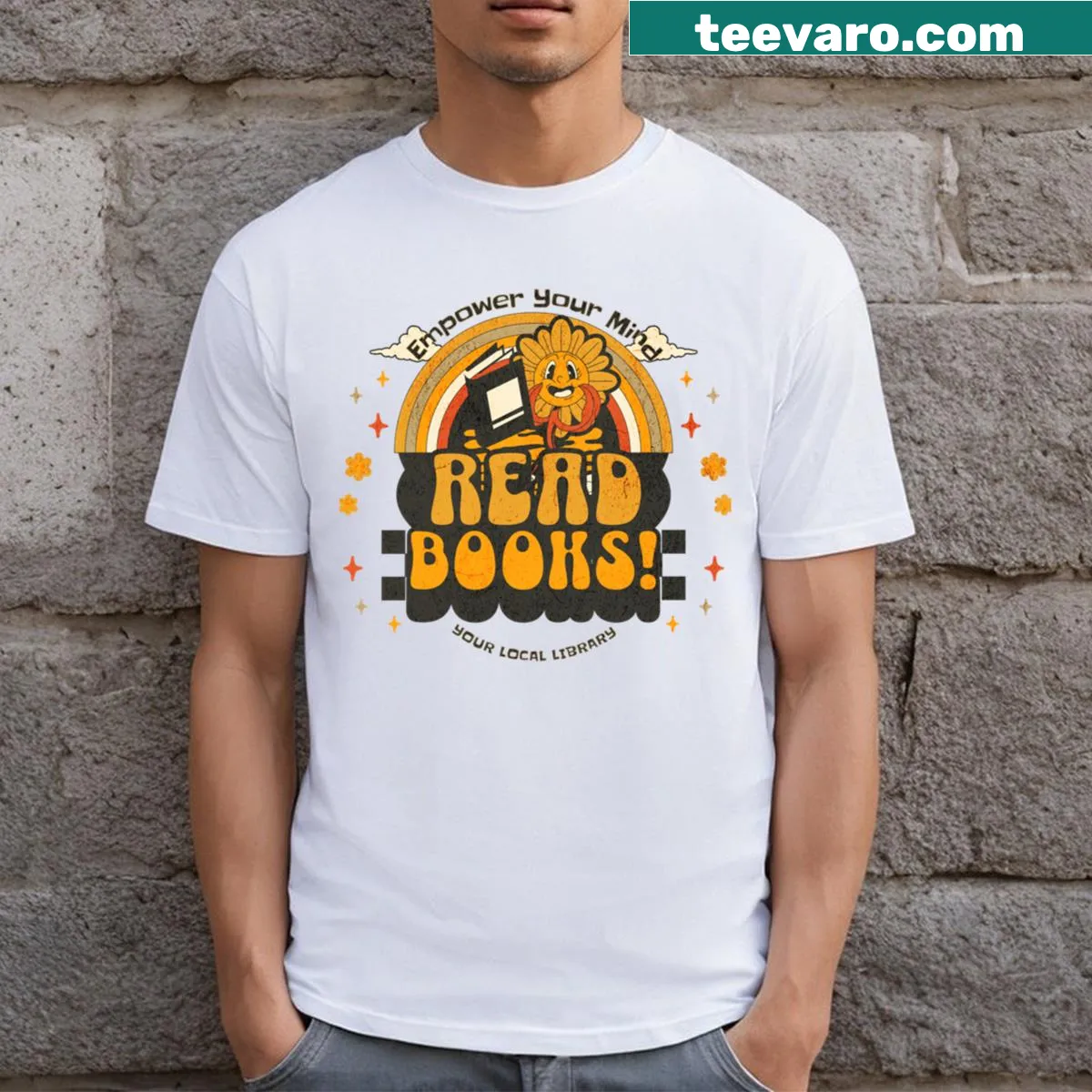 T-shirt celebrating reading and coffee with whimsical graphics — on a men's t-shirt
