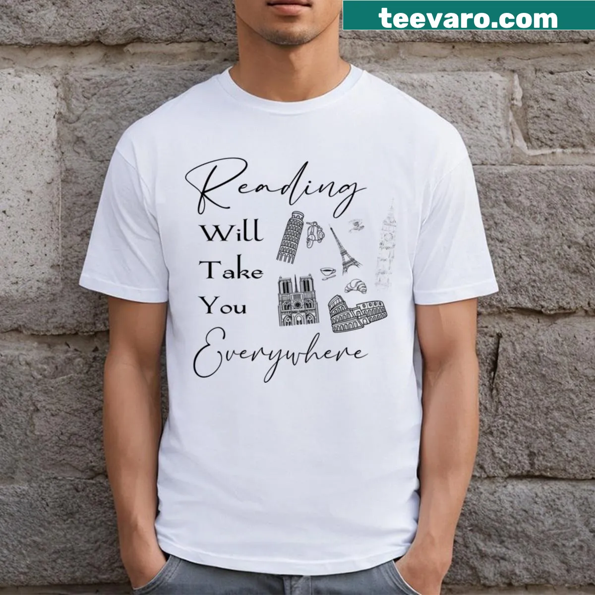 Inspirational t-shirt promoting the adventure of reading — on a men's t-shirt