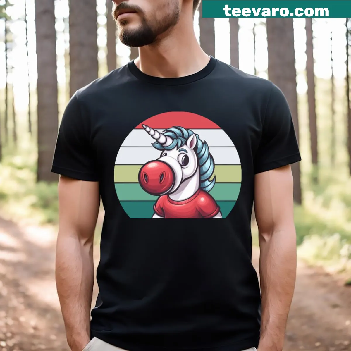 Cute unicorn t-shirt featuring a red unicorn with a big nose — on a men's t-shirt