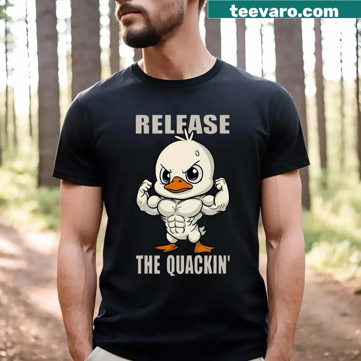 Cartoon duck lifting weights with humorous text design — on a men's t-shirt