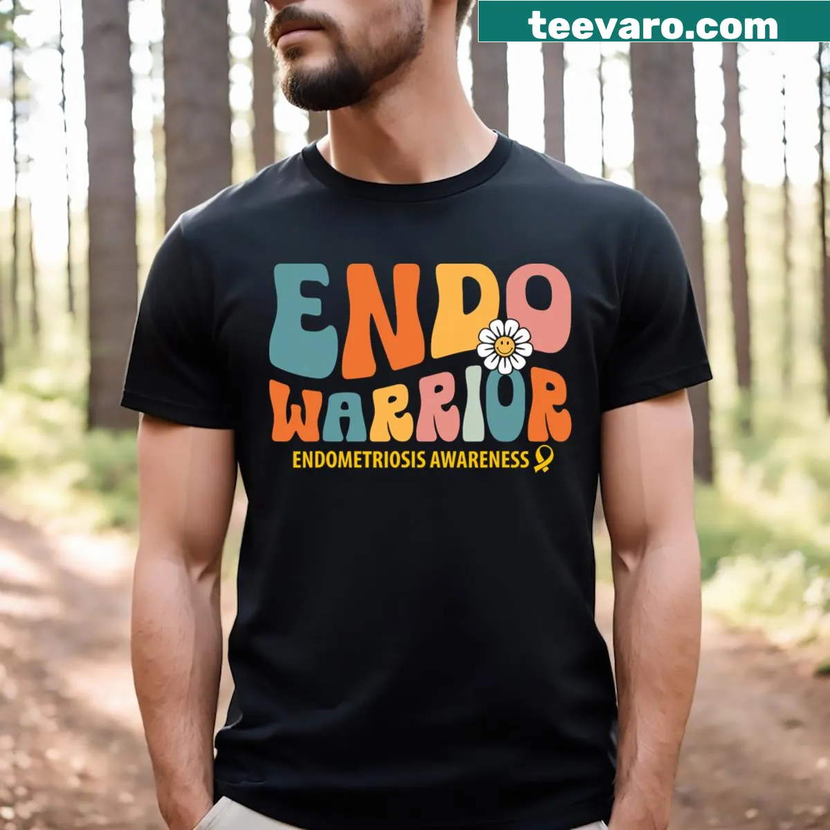 Retro Endo Warrior T-shirt with yellow ribbon design — on a men's t-shirt