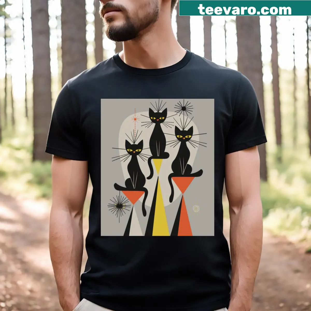 Retro t-shirt featuring playful cat-themed design — on a men's t-shirt