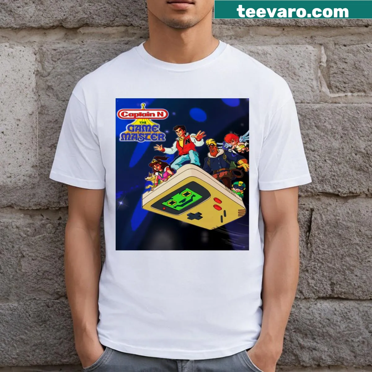 Retro gaming t-shirt with classic game motifs in a scoop style — on a men's t-shirt