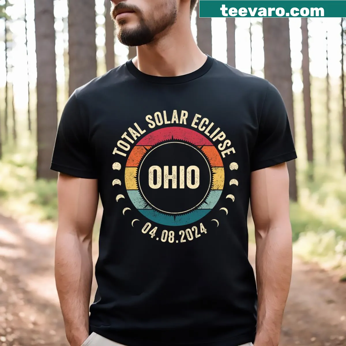 Retro solar eclipse t-shirt featuring Ohio and event date — on a men's t-shirt