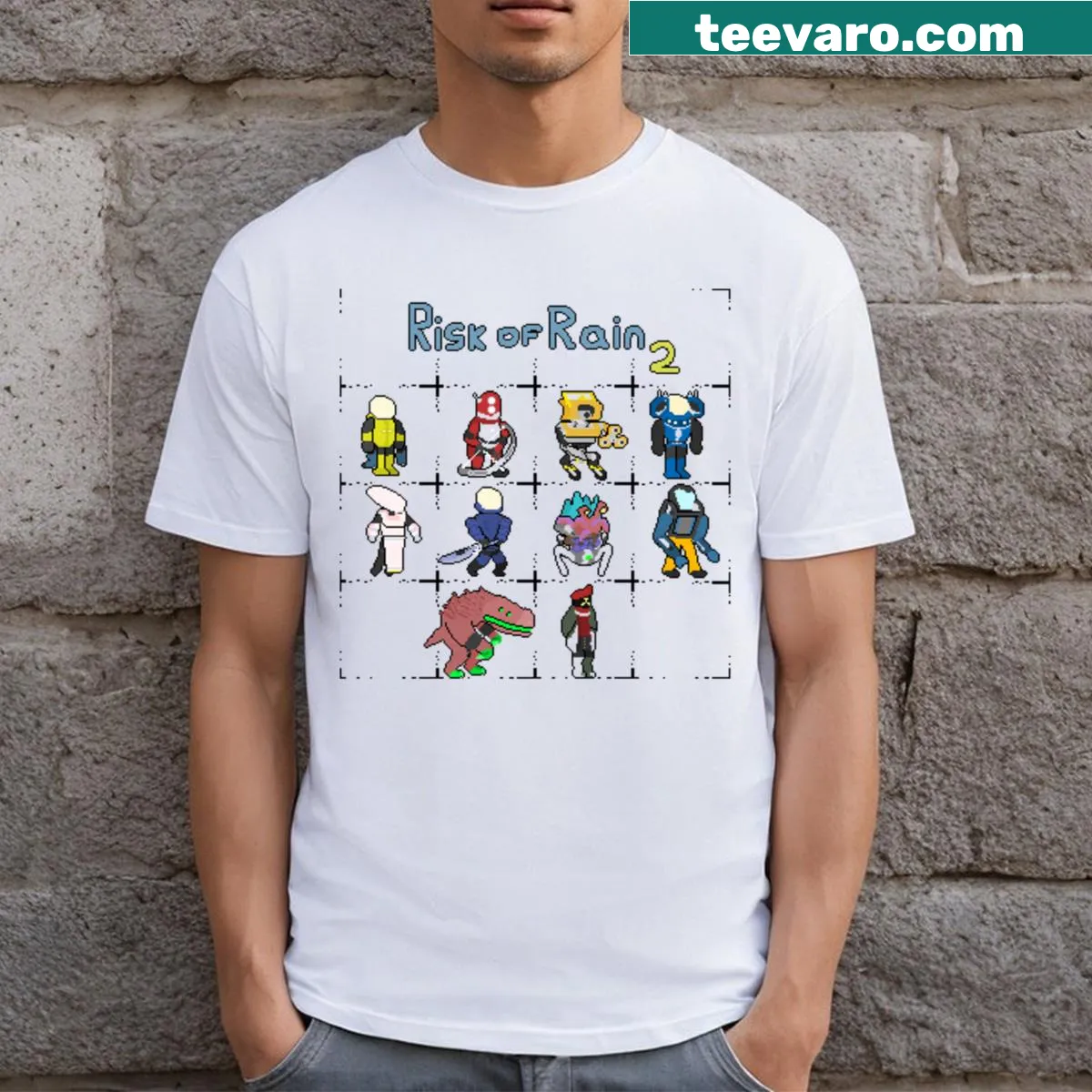 Risk Of Rain 2 t-shirt with game-themed graphics — on a men's t-shirt