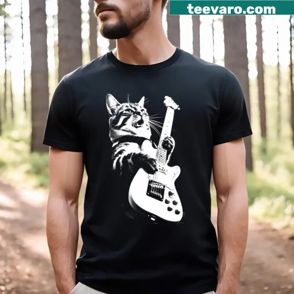 Funny t-shirt with cartoon cat playing guitar