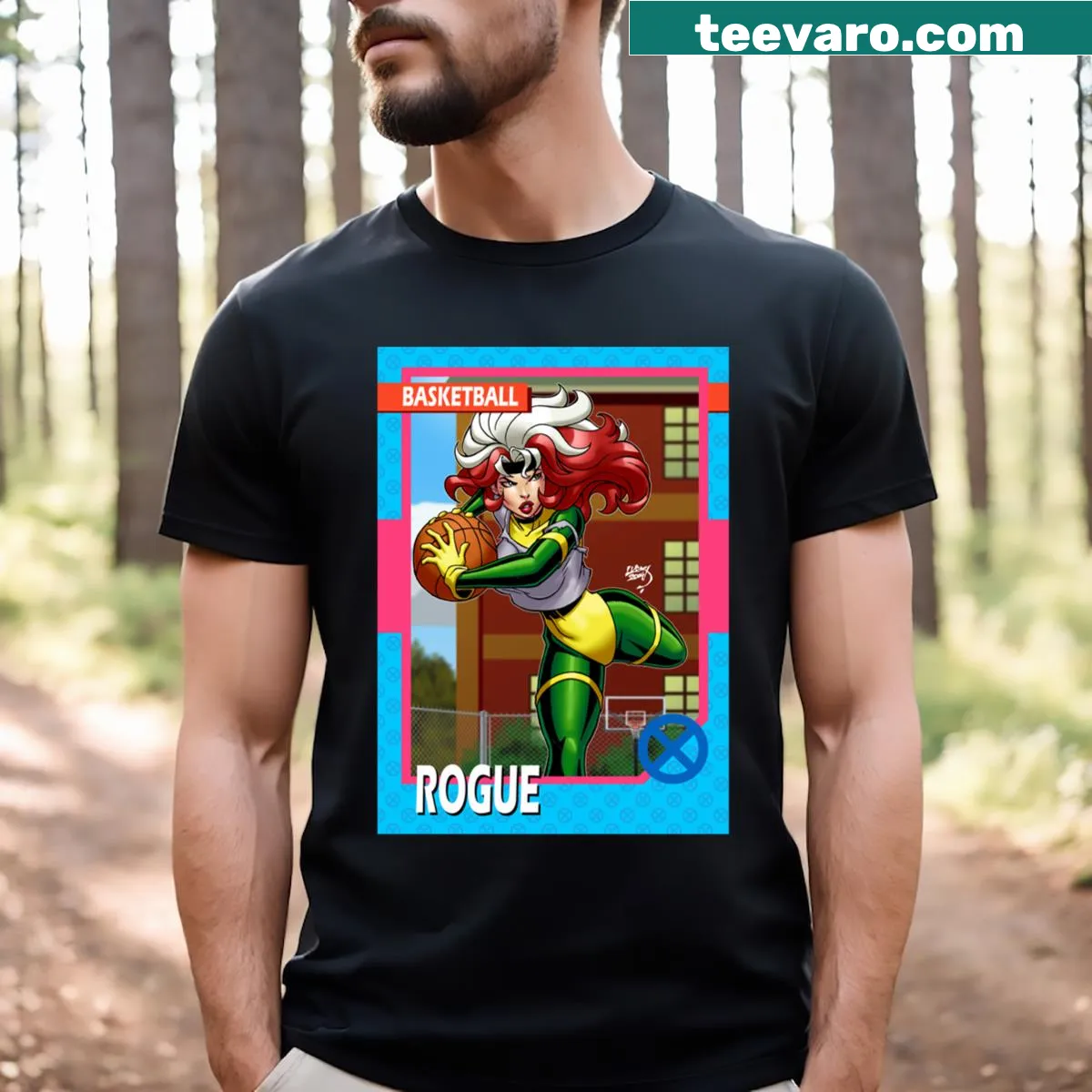 Rog97 Basketball Card T-shirt featuring dynamic typography — on a men's t-shirt