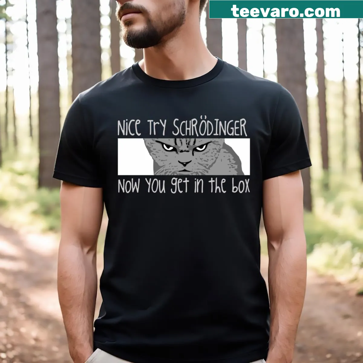 Funny illustration of Schrödinger's Cat on a science-themed T-shirt — on a men's t-shirt