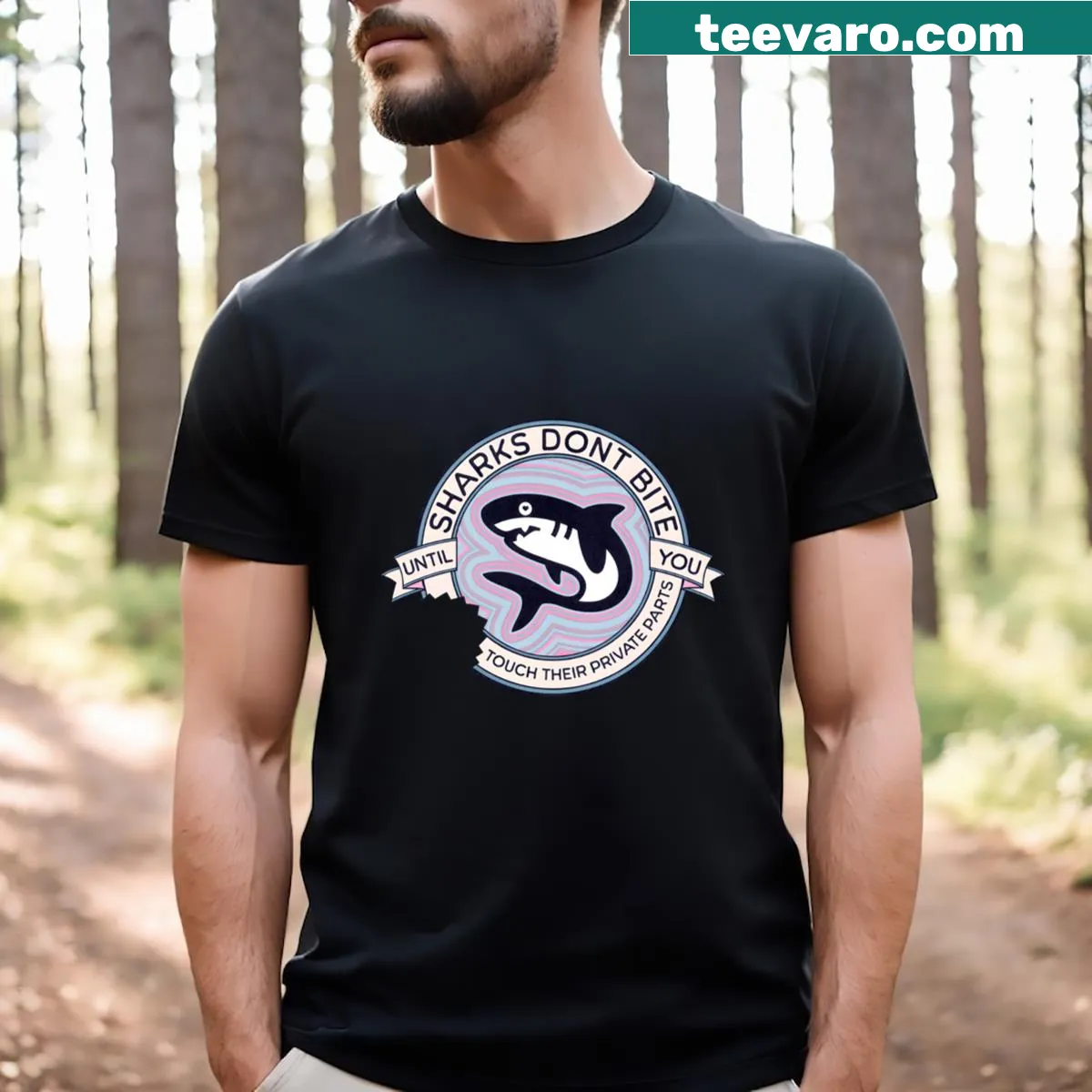 Humorous shark-themed T-shirt with a funny message — on a men's t-shirt