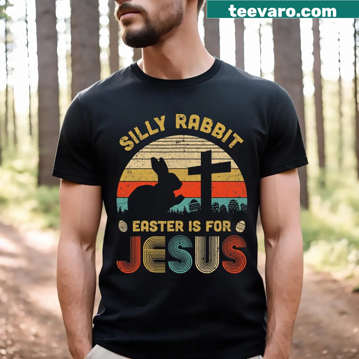 Funny Silly Rabbit Easter Is For Jesus t-shirt with playful text design — on a men's t-shirt