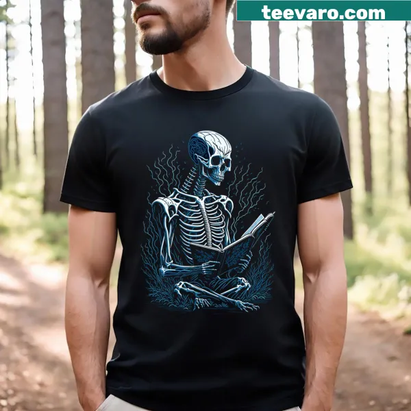 Skeleton reading a novel graphic T-shirt for book lovers