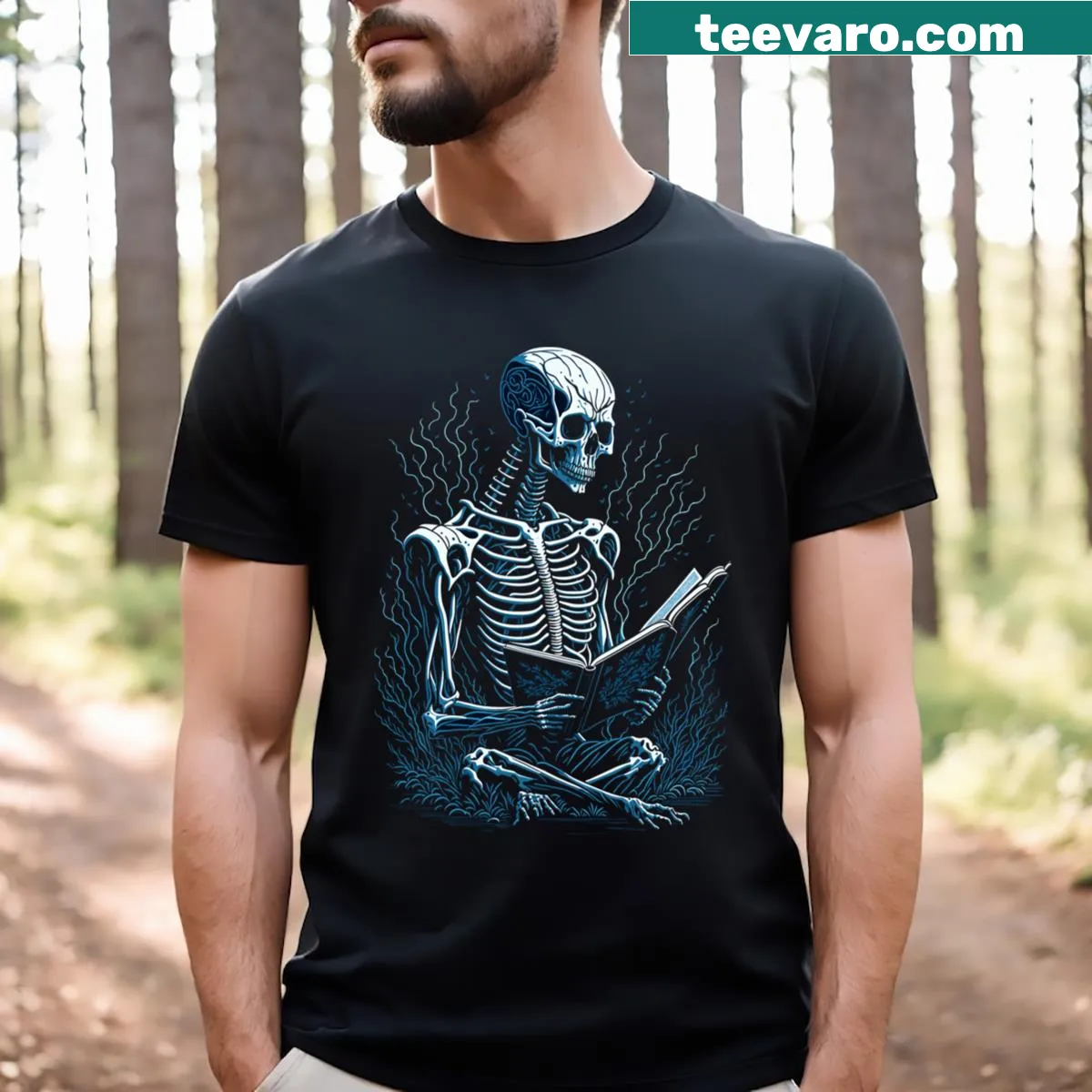 Skeleton reading a novel graphic T-shirt for book lovers — on a men's t-shirt