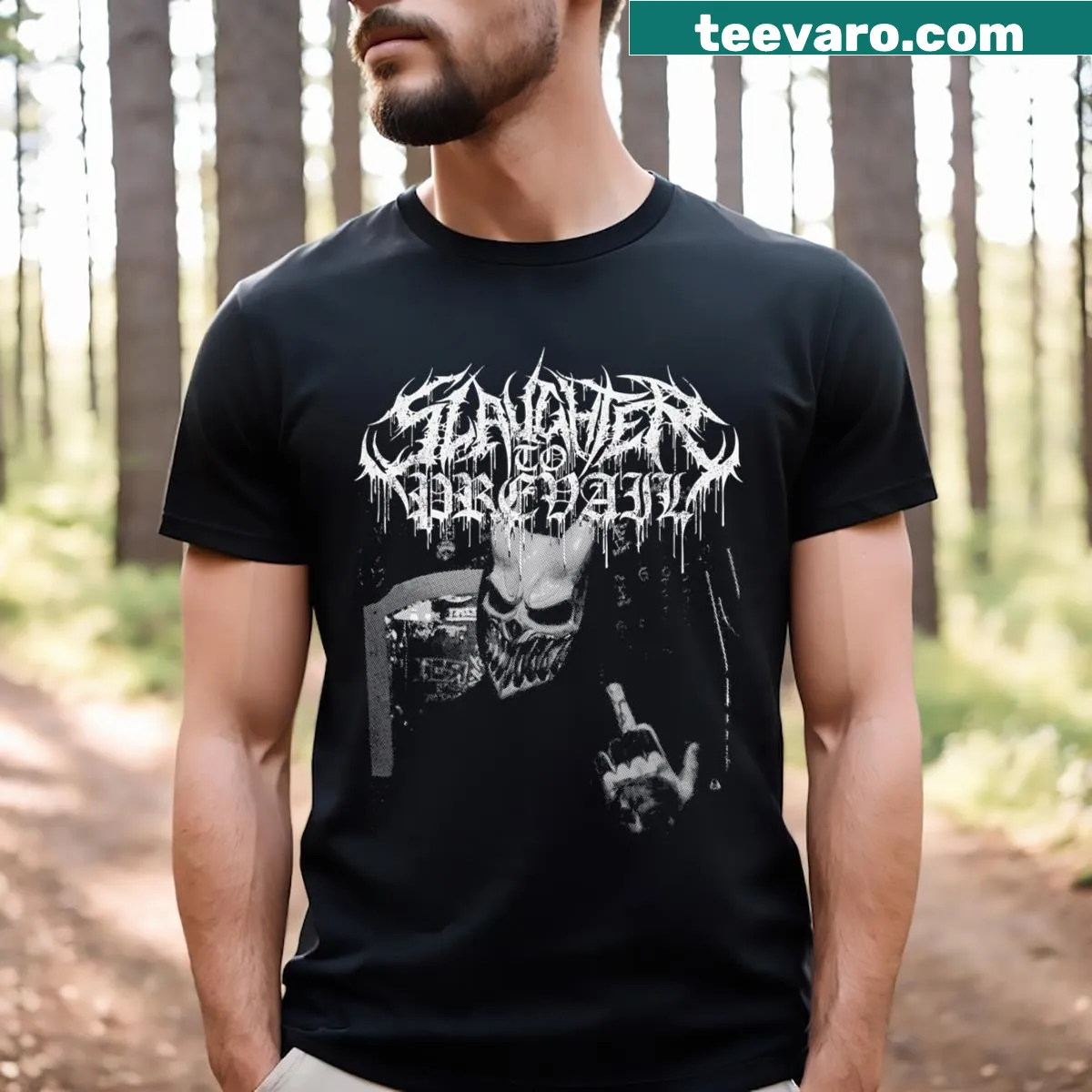 Bold Slaughter To Prevail t-shirt with striking typography — on a men's t-shirt