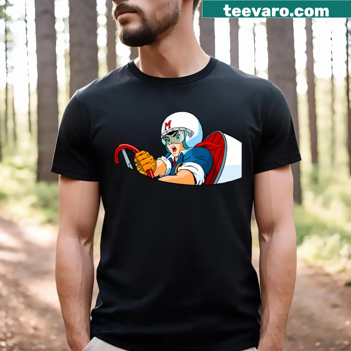 Cartoon graphic of Speed Racer and his iconic car on a T-shirt. — on a men's t-shirt