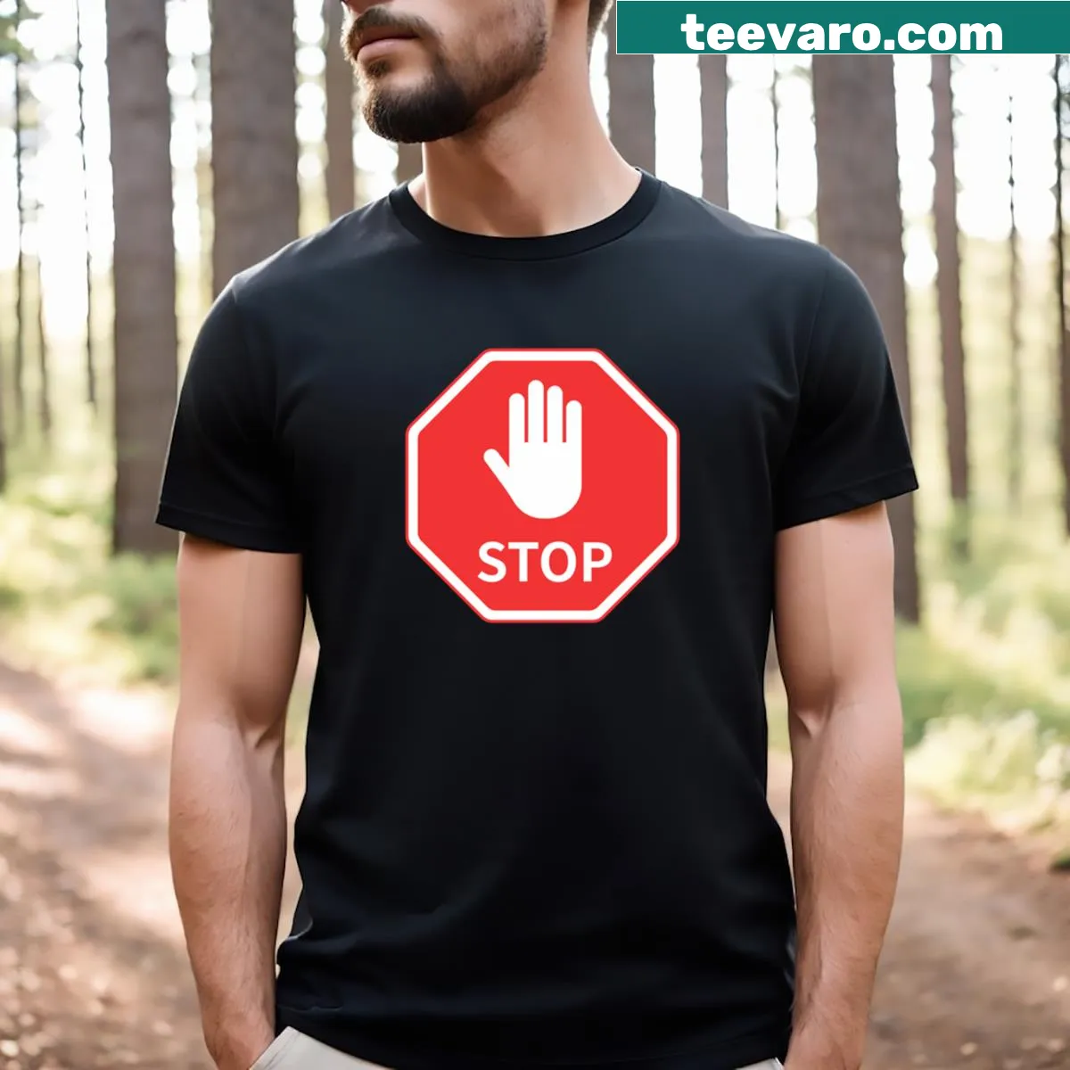 T-shirt featuring a stop sign graphic with a hand illustration in red — on a men's t-shirt