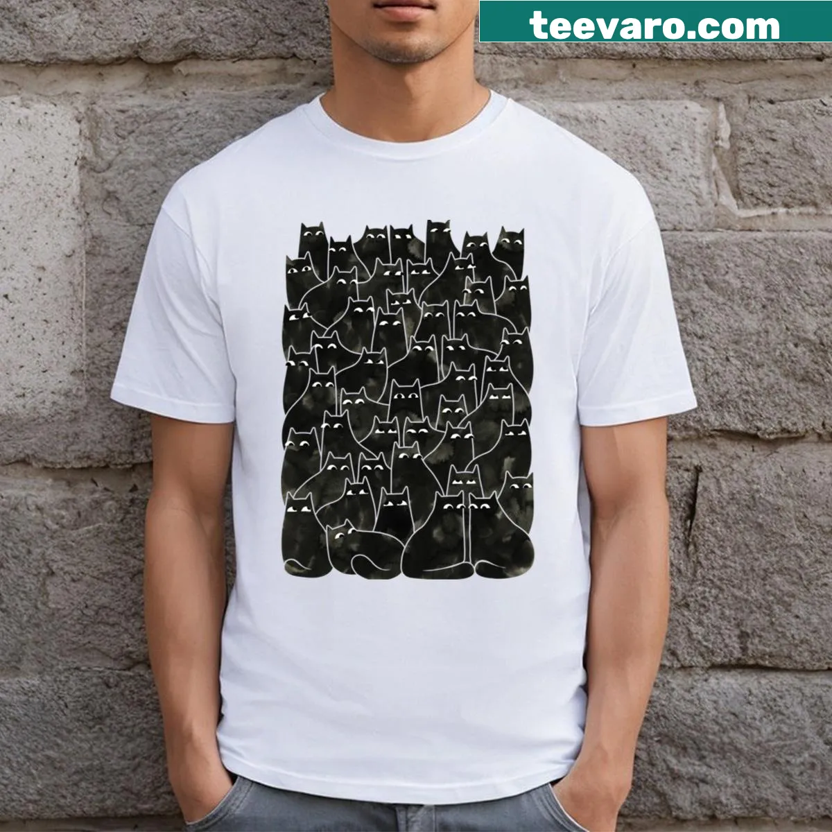 Cartoon graphic of a suspicious-looking cat on a t-shirt — on a men's t-shirt