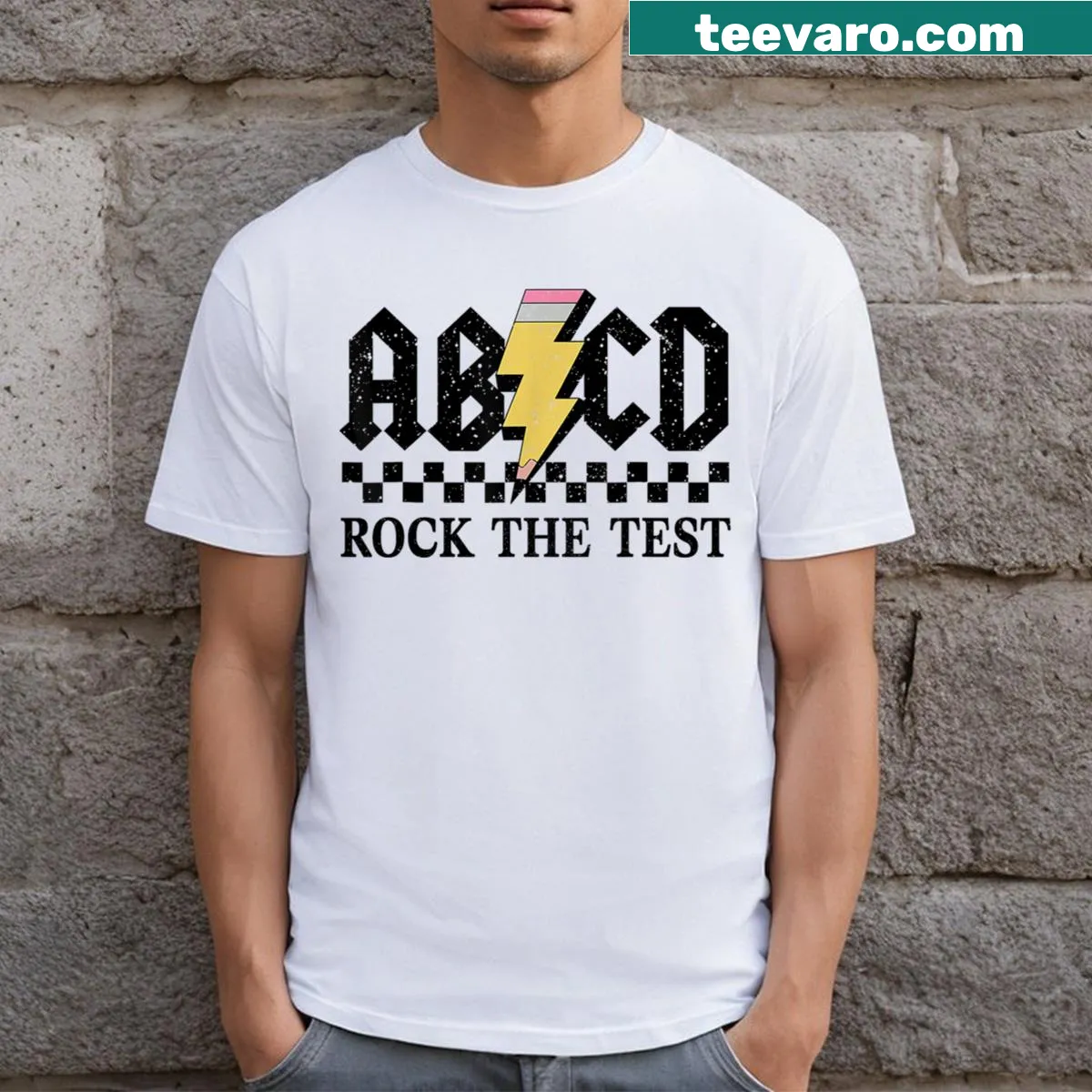 Retro teacher t-shirt featuring a humorous testing theme — on a men's t-shirt