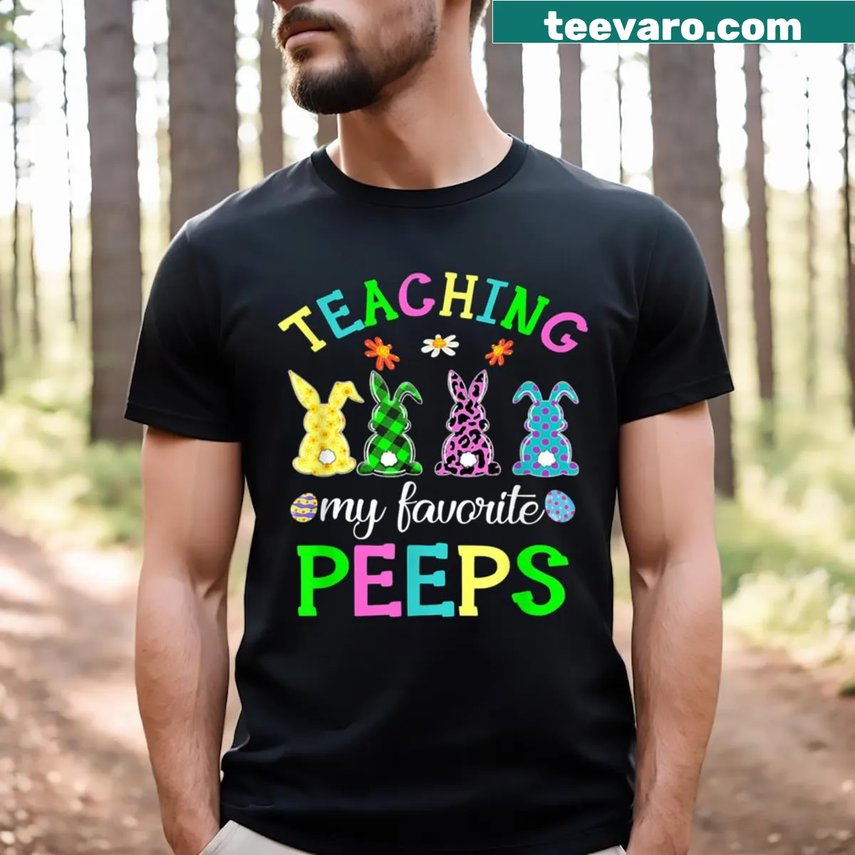Cute Easter-themed t-shirt for teachers featuring playful peep graphics — on a men's t-shirt