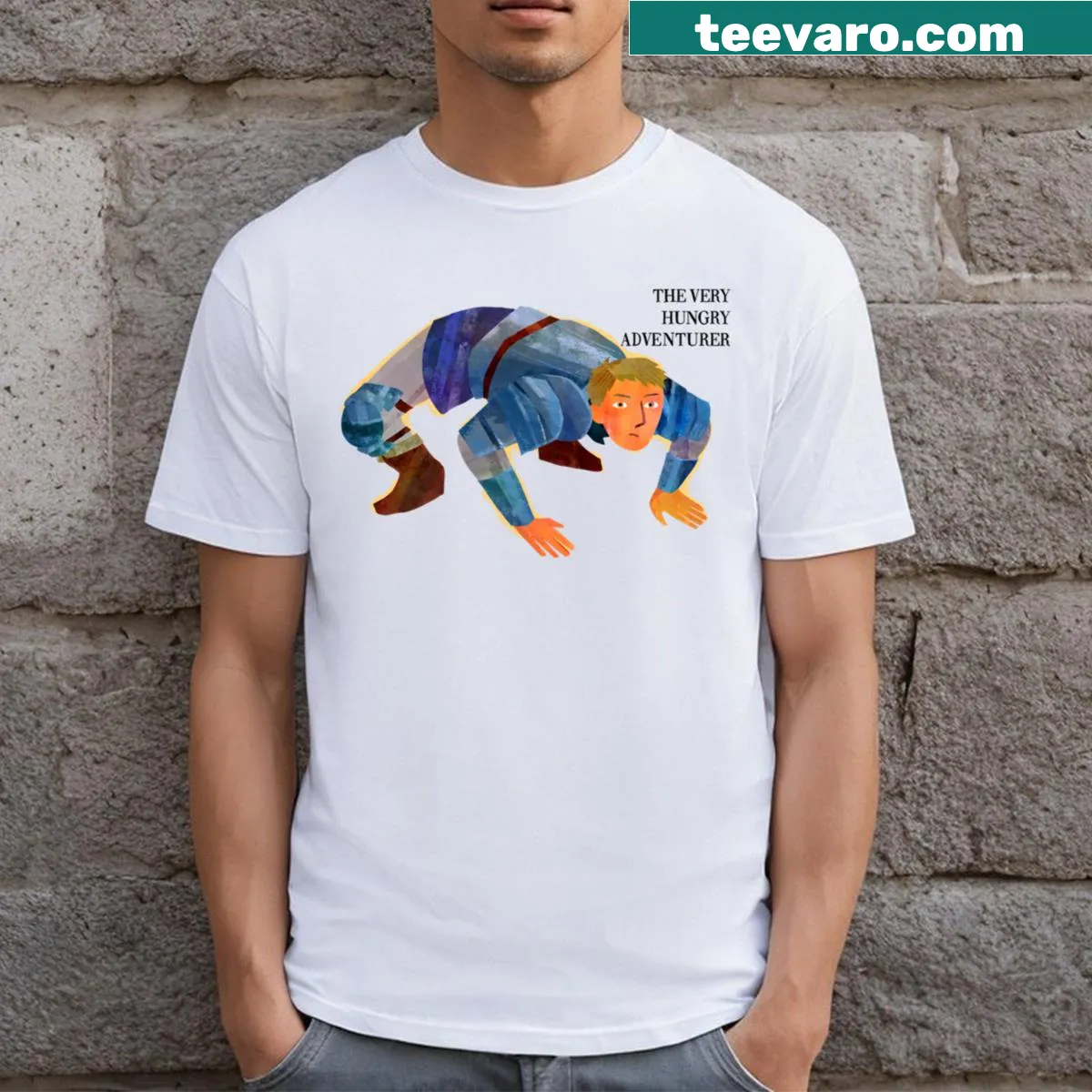 The Very Hungry Adventurer T-shirt with playful adventure-themed design — on a men's t-shirt