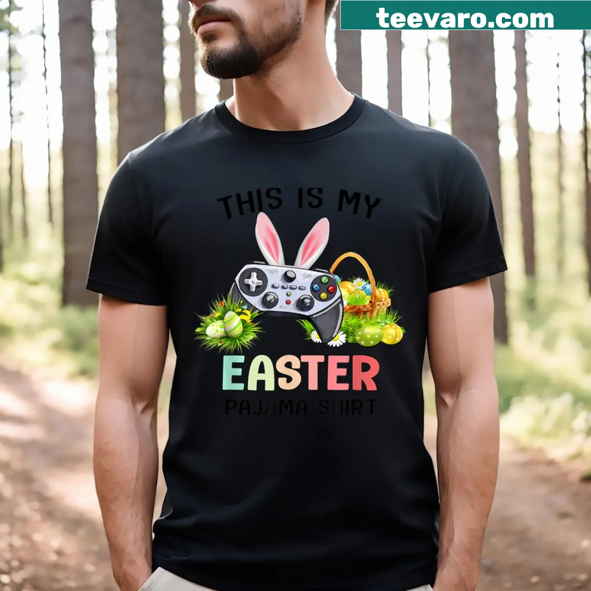 Playful Easter gaming design featuring a game controller and basket — on a men's t-shirt