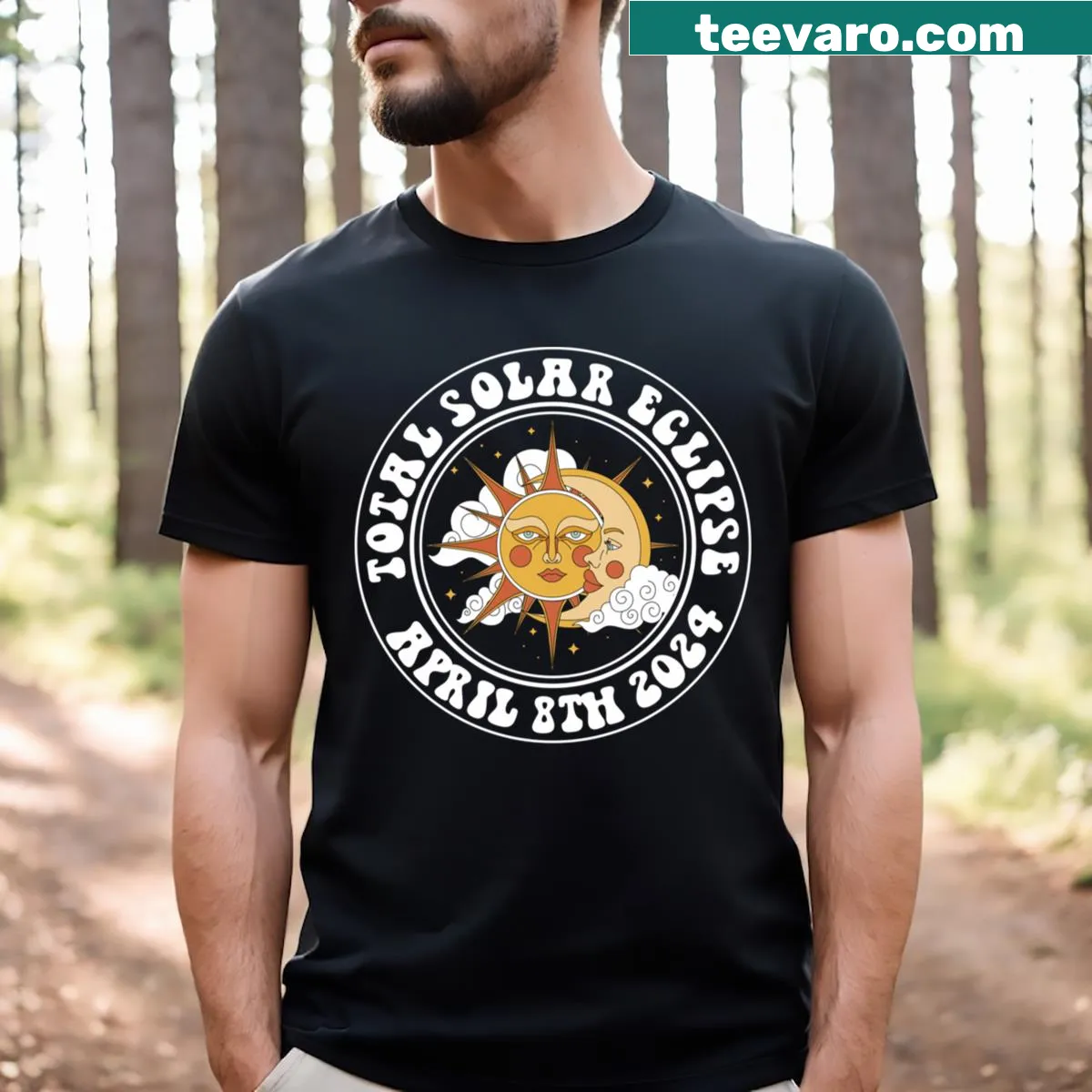 Illustrated t-shirt commemorating the total solar eclipse on April 8th, 2024 — on a men's t-shirt