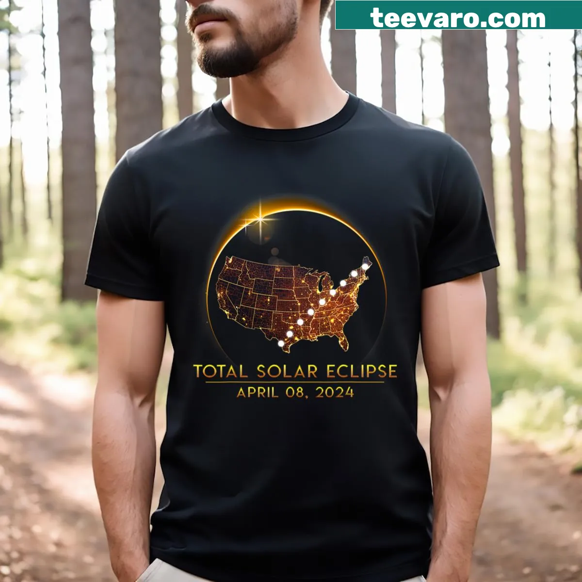 T-shirt with a map of the USA showing the path of totality for the April 2024 solar eclipse. — on a men's t-shirt