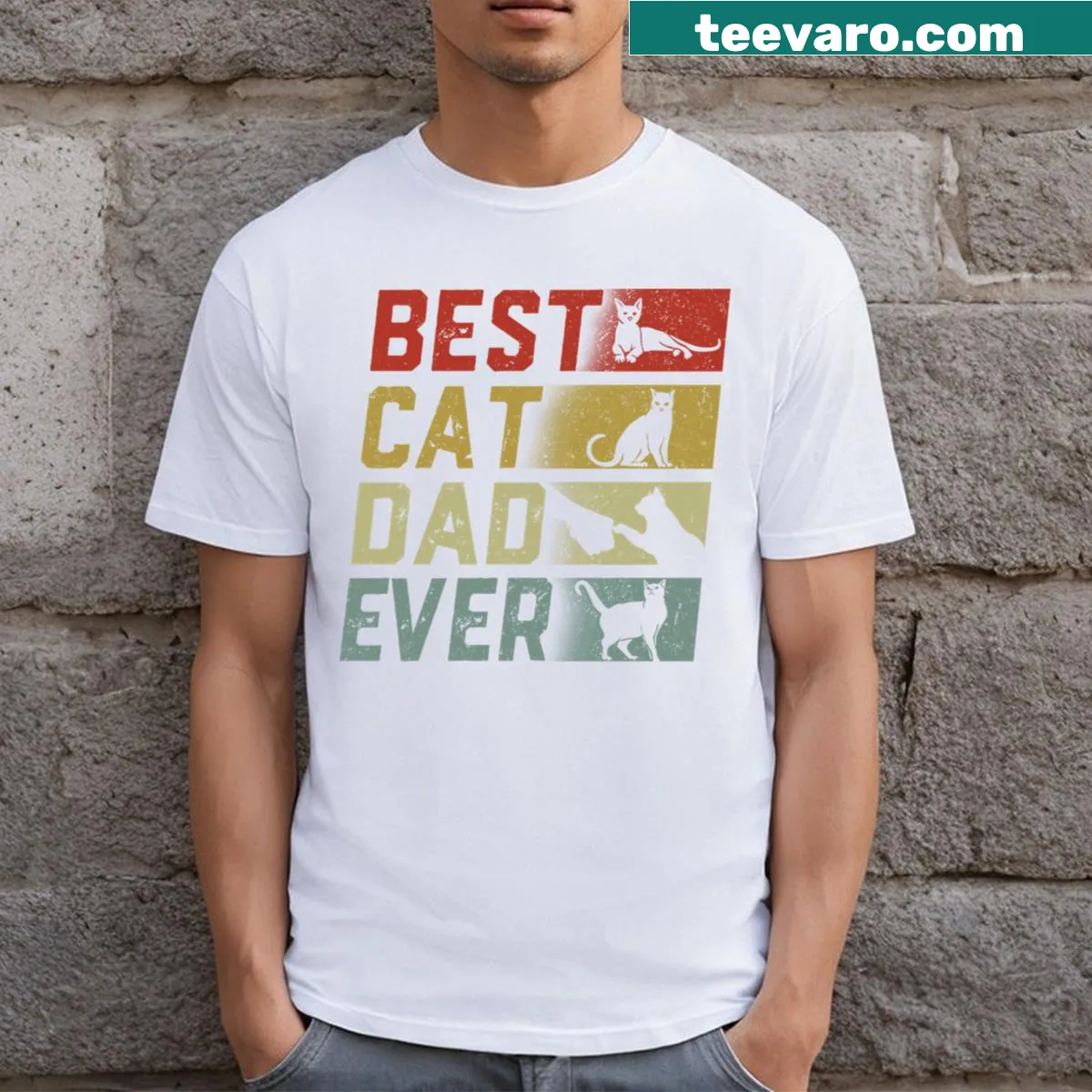 Vintage-style Cat Dad t-shirt with humorous fist graphic — on a men's t-shirt