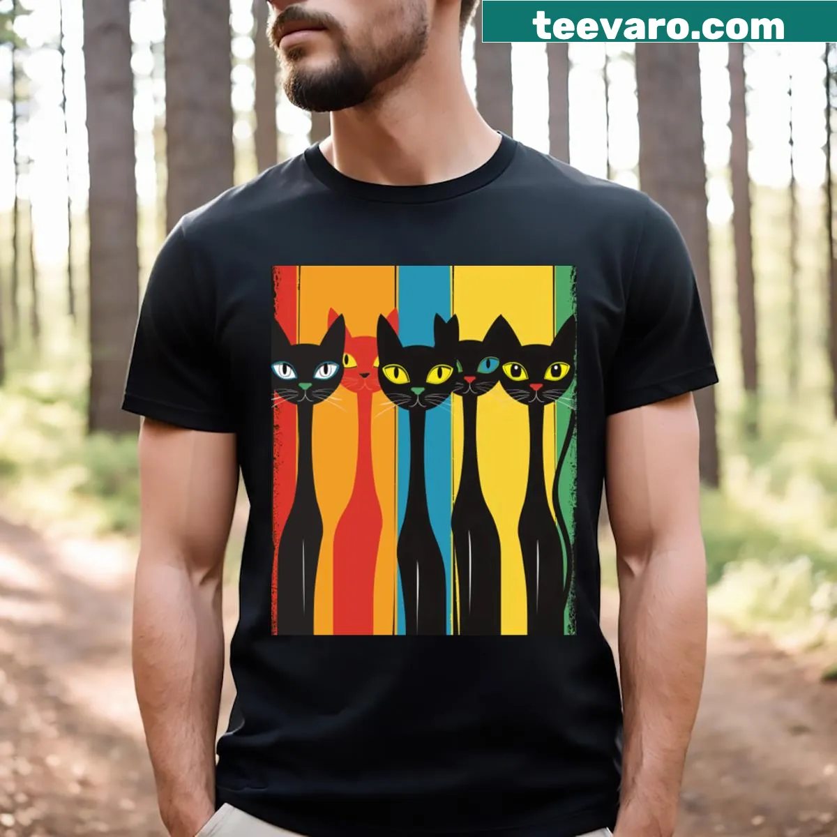 Vintage-style t-shirt featuring whimsical cat-themed artwork — on a men's t-shirt