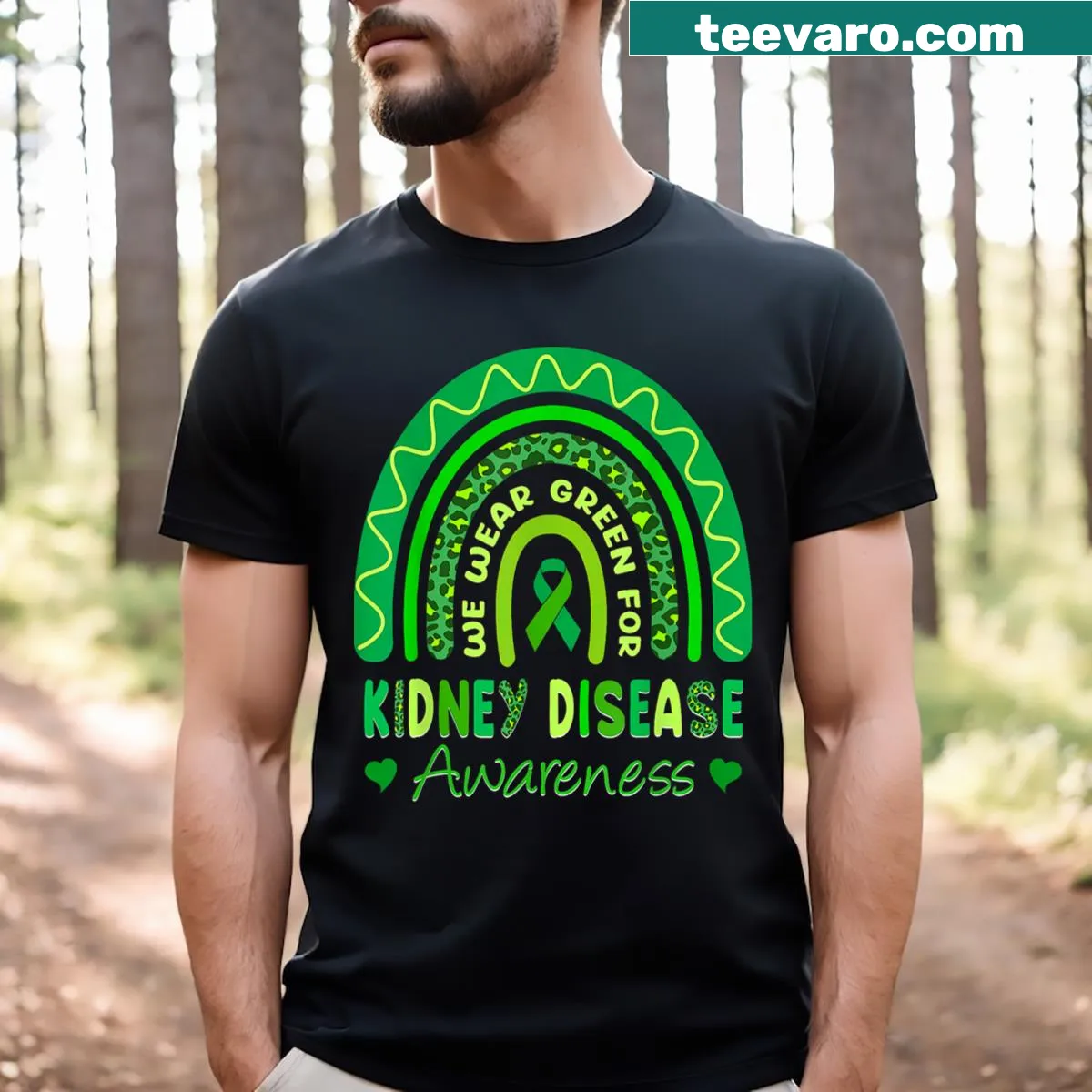 Green awareness t-shirt for Kidney Disease Awareness Month 2024 — on a men's t-shirt