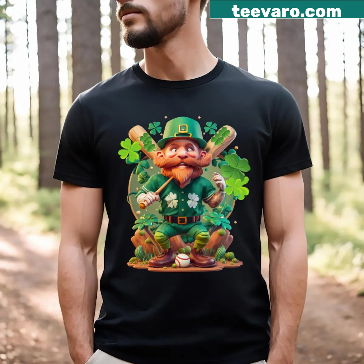 Illustration of a leprechaun baseball player with a bat and pot of gold — on a men's t-shirt