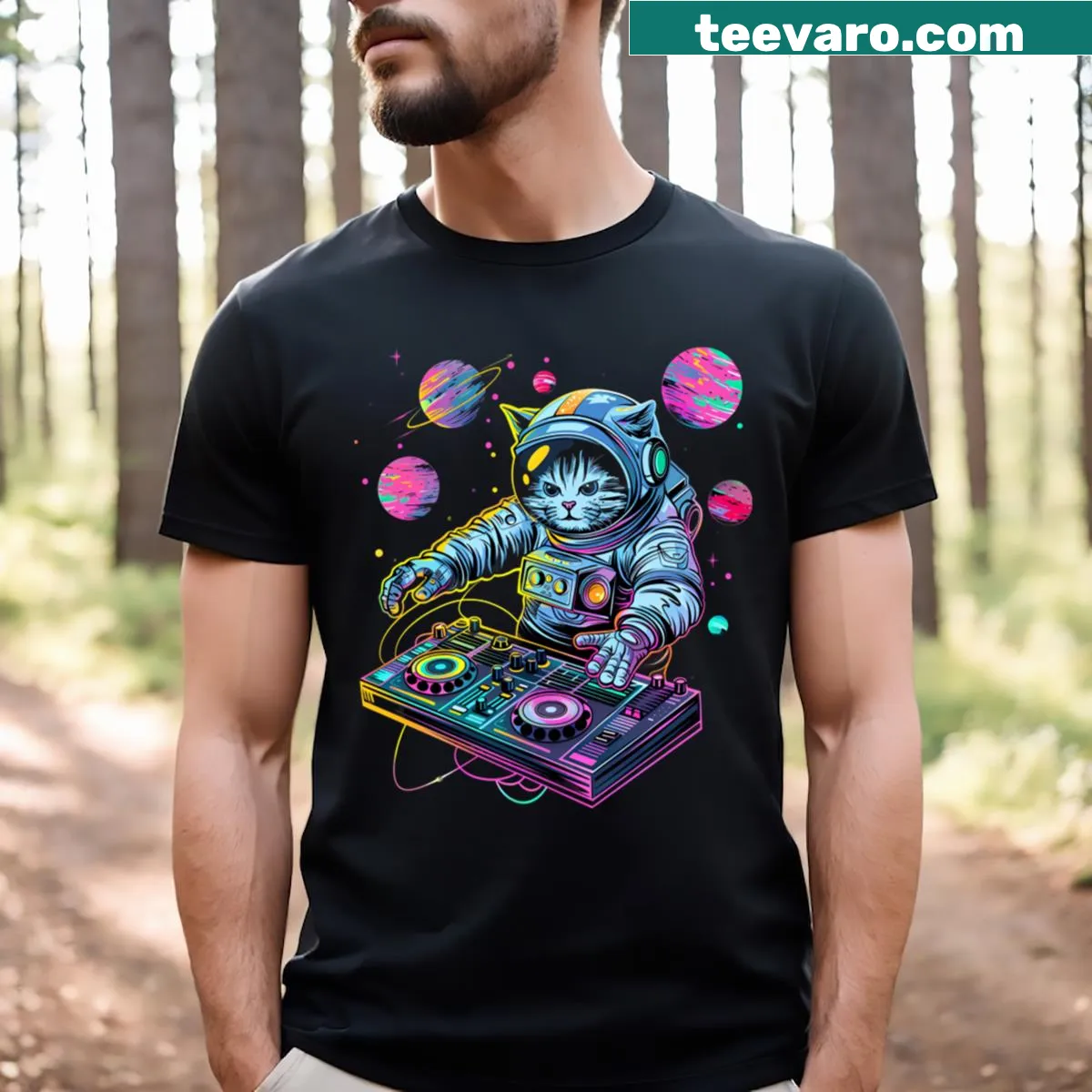 Funny DJ cat illustration with headphones and music elements — on a men's t-shirt